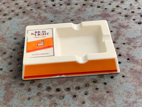 Advertising ashtray in orange and beige opaline, vintage rectangular shape 1970