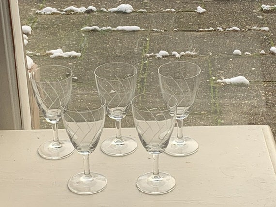 5 wine glasses, medium size, glass and crystal, carved, vintage