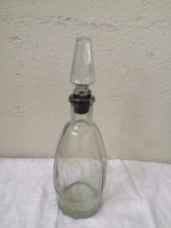 Carafe, faceted glass bottle, art deco, glass stopper and cork