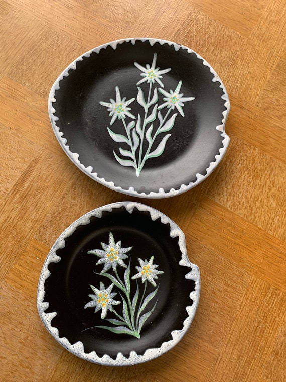 Two plates, dishes, edelweiss pattern, stamped S.F. handmade, vintage