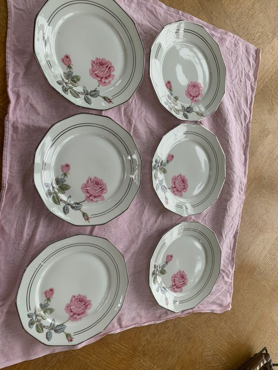 6 small plates with 12 facets in art deco porcelain, with pink flowers and gray foliage, silver borders Stamped Diameter: 19 cm