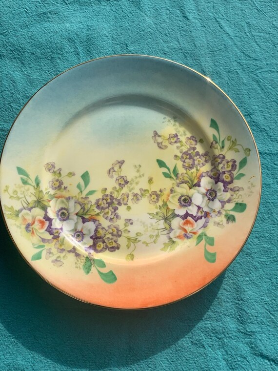 Collectible plate, anemones, old, porcelain, stamped Limoges ULIM France, Art deco