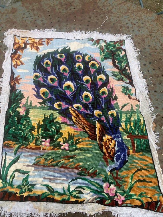 Canvas, the peacock, made in France, finished and embroidered, trendy, vintage 1970, collector