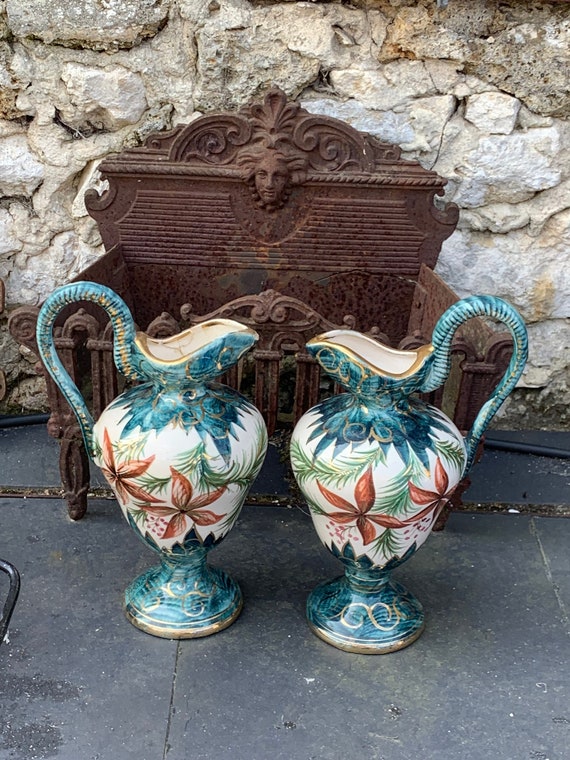 Two jugs, vases, in hand-painted enameled ceramic, signed H. BEQUET QUAREGNON made in Belgium numbered 7274, old and collector