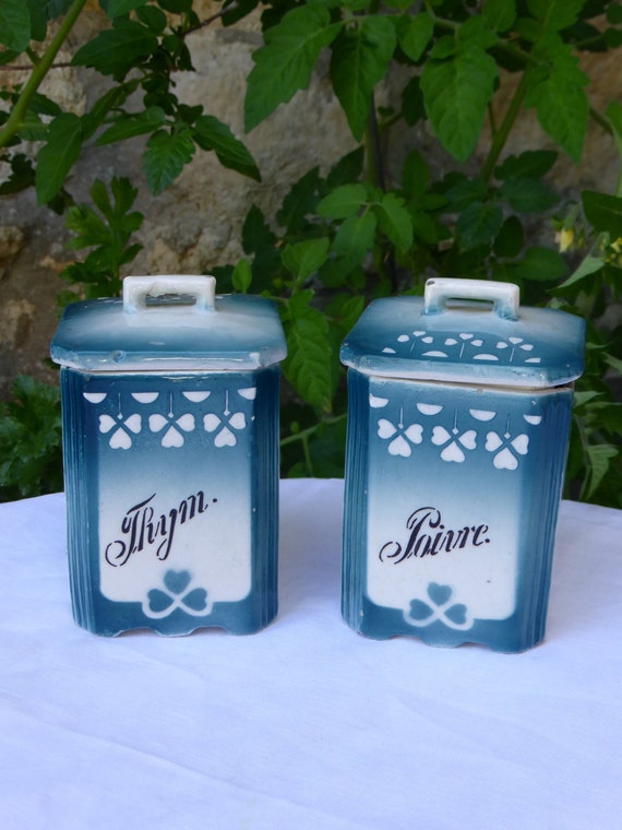 Art deco spice jar, thyme and pepper, clover motifs, blue green earthenware, Stamped: Glam