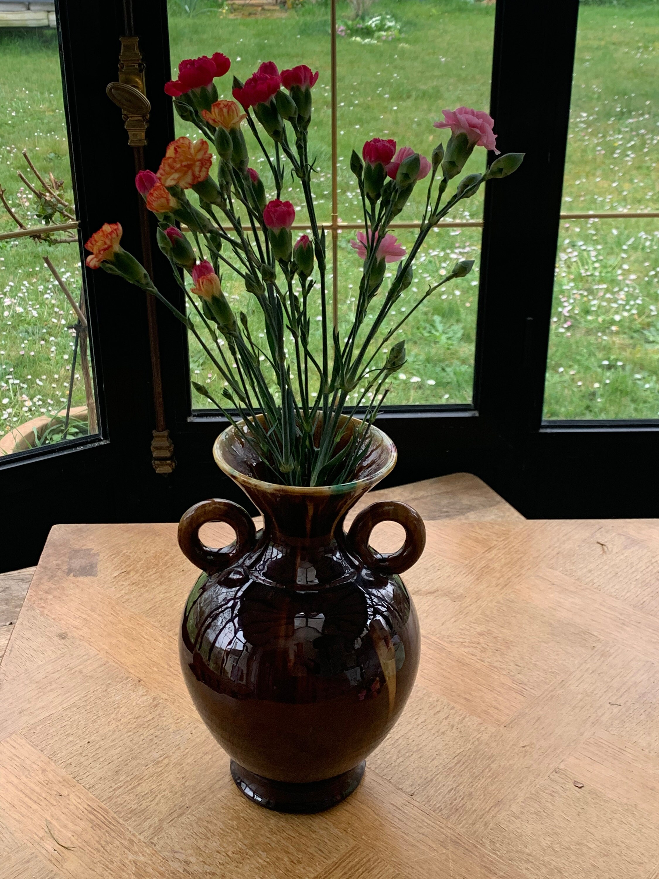 Grand Vase Amphore en Ceramique Emaillee Marron, Signé E. Covain Vallauris, Vintage