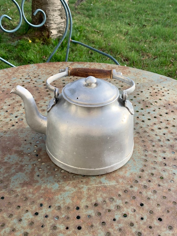 Aluminum metal teapot and art deco wooden handle