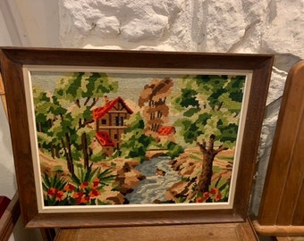 Canvas the mill, finished embroidered tapestry, vintage 1970, handmade