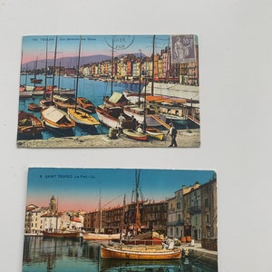 Lot de 2 cartes postales anciennes, colorisees, saint Tropez 1935 et Toulon 1938, oblitérées et écrites, collector