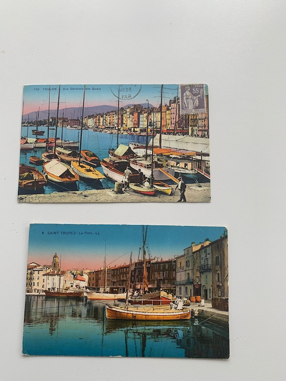 Lot of 2 old postcards, colorized, Saint Tropez 1935 and Toulon 1938, canceled and written, collector