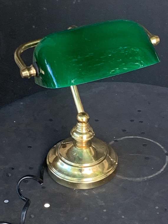 Banker's lamp, gilded brass table lamp with adjustable green opaline globe.