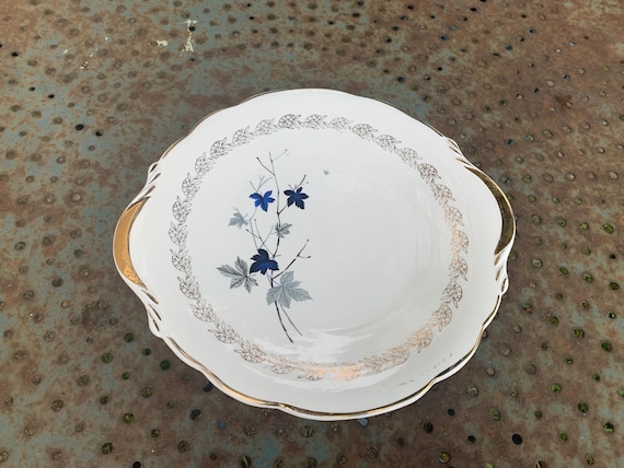 Cake dish, blue maple leaf pattern, digoin and sarreguemines, France, vintage