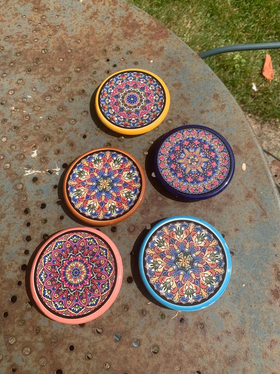 5 glazed ceramic coasters, vintage artisanal