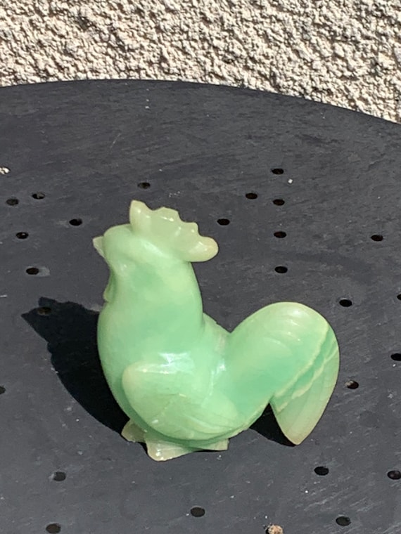 Cut stone rooster, green jade, lucky charm, decorative statuette, paperweight, vintage