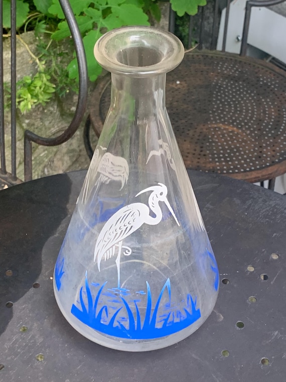 Vintage 1950 stork liqueur decanter, glass decanter with blue screen printing decor
