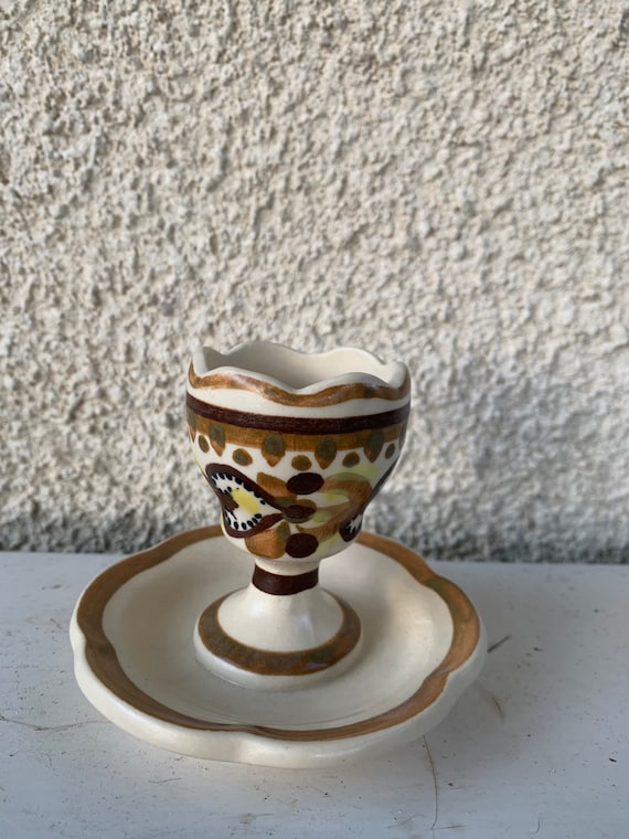 Handmade enameled ceramic egg cup, hand painted quimper