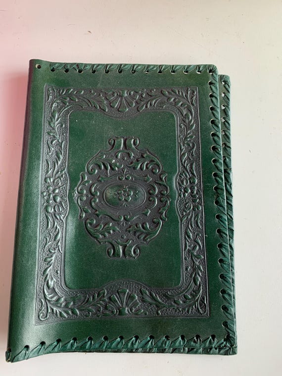 Mail holder, letter holder, green leather morocco with gold embossed decoration, vintage green satin interior