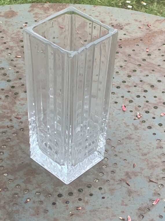 Rectangular transparent glass vase with geometric patterns, made in italy, vintage 1970