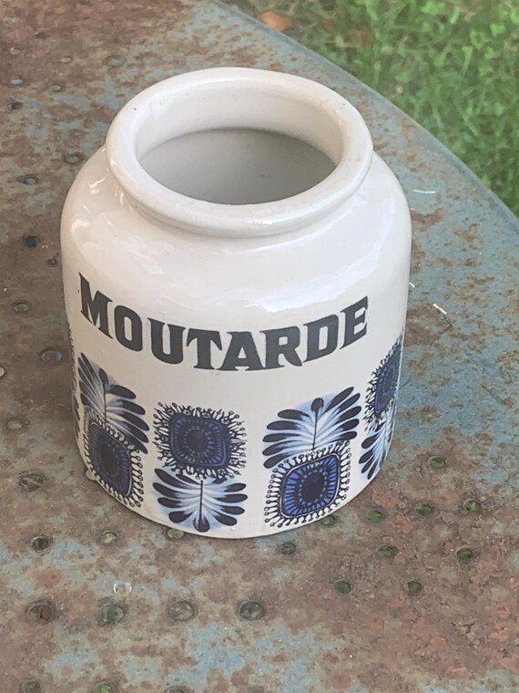 Stoneware mustard pot with vintage blue flower decoration 1970