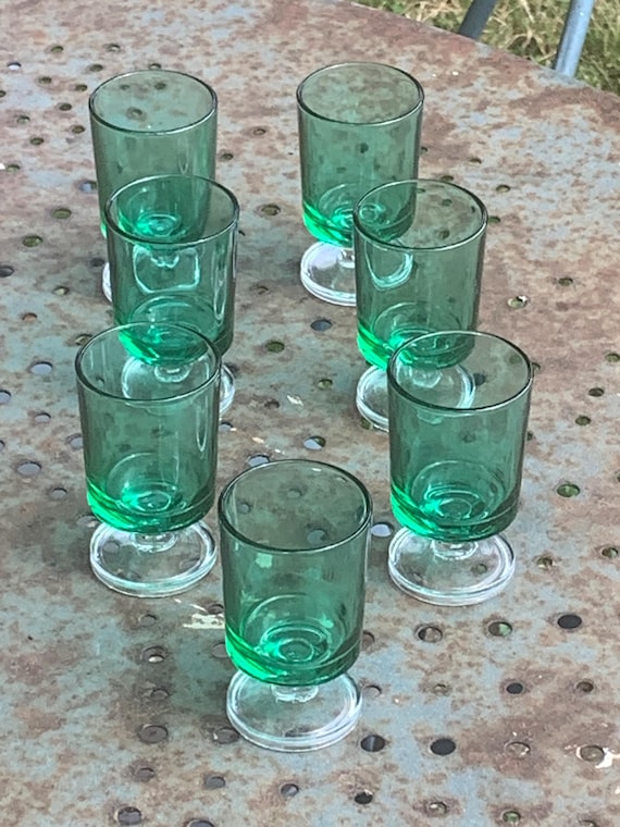 7 liqueur glasses, green in color and transparent base, made in France, vintage 1970