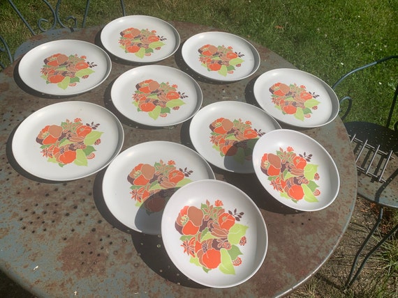 Camping lot composed of 10 plates, 8 flat and 2 deep, TEFAL flower pattern, made in France vintage 1970