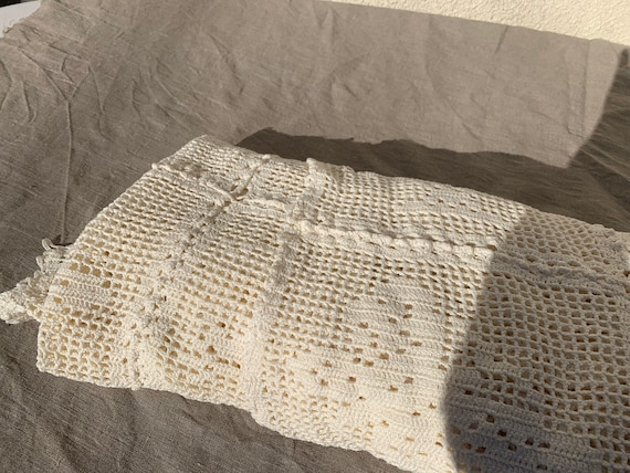 Plaid, crochet blanket bedspread, off-white handmade, vintage cotton