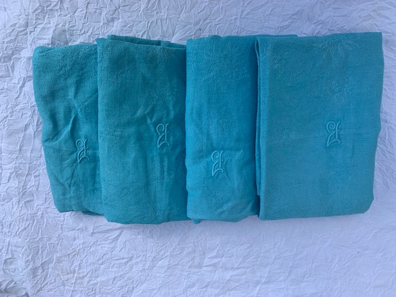 4 large damask cotton napkins monogrammed B, blue tint, art deco