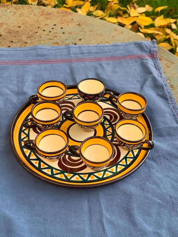 Tray, plate and 8 ceramic liqueur cups from St Jean de Bretagne vintage 1950/60