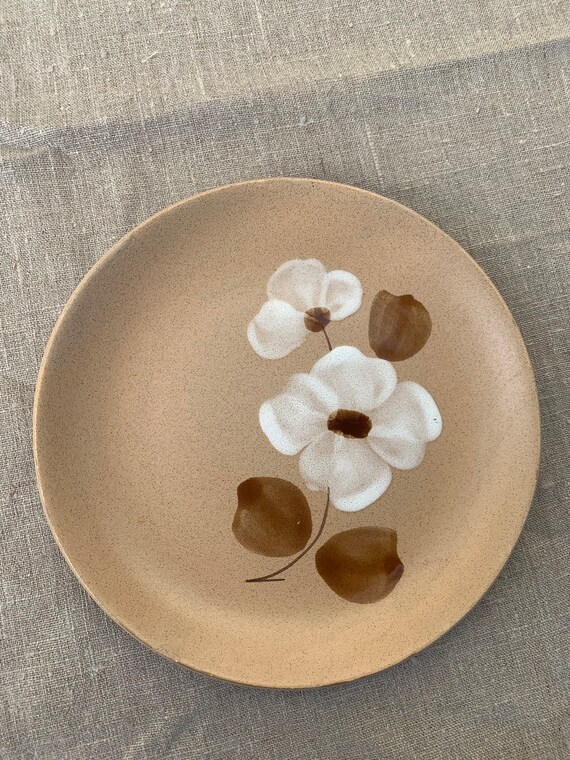 5 small enamelled ceramic dessert plates, hand painted, ATELIER DU REVERNAY, vintage