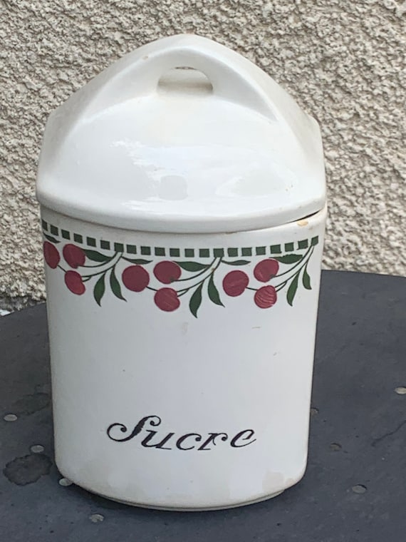 White earthenware sugar pot and cherry patterns, Flour, made in Czechoslovakia, art deco