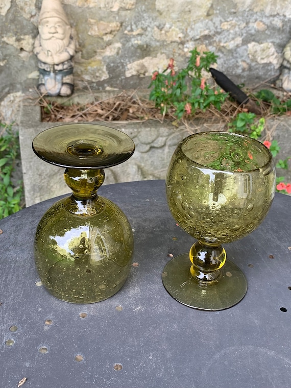 6 biot style wine glasses in hand-blown khaki green glass, large model, vintage and collector's item. French made