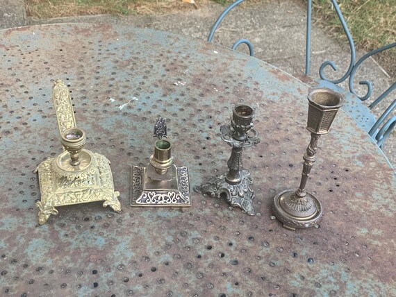 Set of 4 antique copper, bronze, and spelter candlesticks, chiseled