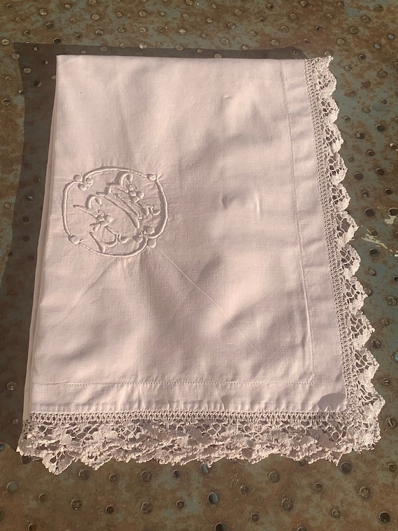 Large pillowcase, cotton linen, purple tinted, MR monogram, lace border, closed with mother-of-pearl buttons on the back, art deco,