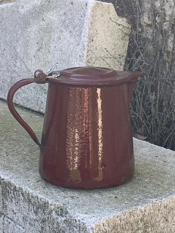 Art deco enameled iron coffee or water pot, burgundy red, gray interior, old