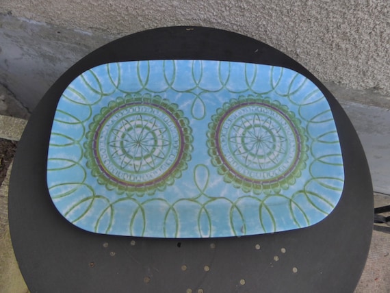 Tray in melamine on rectangular, turquoise blue and green , vintage 1970, geometrical motives