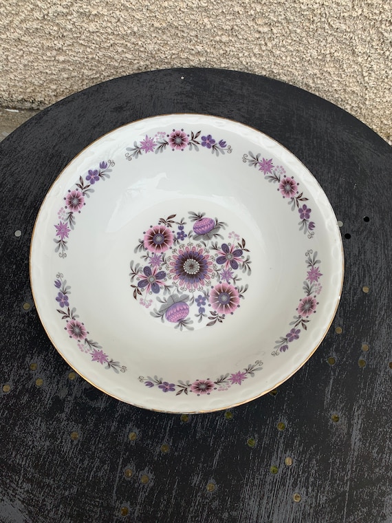 Paris white porcelain salad bowl with purple flowers, vintage 1970