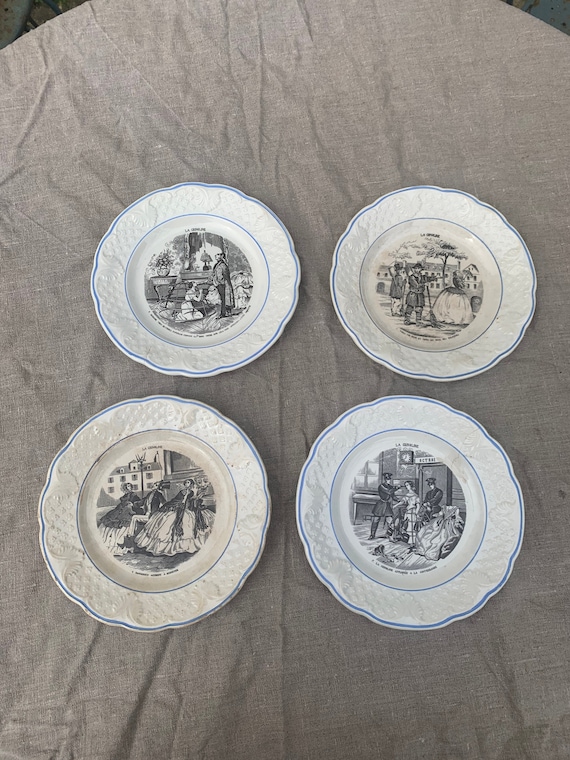 Lot of 4 small collection plates, old, talking plates, Serie la crinoline Hautin, Boulenger Choisy art deco