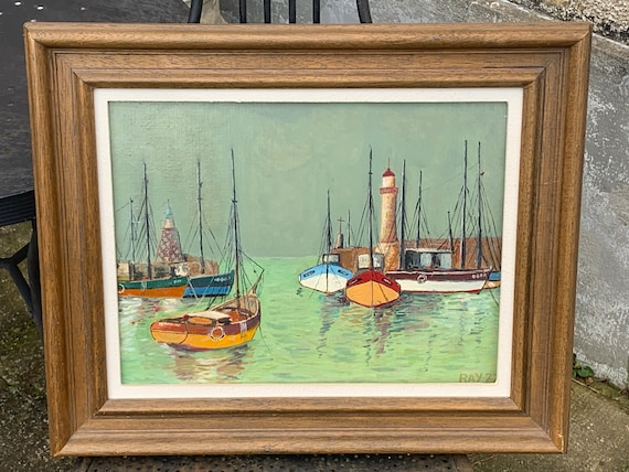 Framed painting, marine painting, the port and its boats sign RAY 77, painting on framed canvas cardboard, vintage 1977