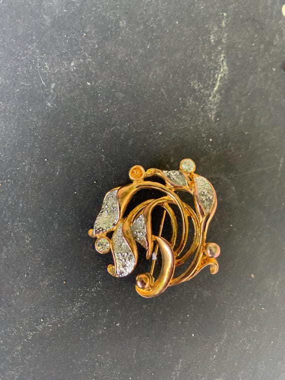 Movitex brooch, foliage, in gold and silver metal, vintage rhinestones