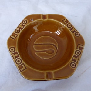 LOTO advertising ashtray in caramel beige enamelled ceramic Ateliers de ceramique de GIEN FRANCE Collector bistro objects