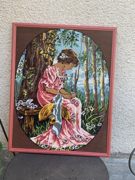 Large canvas woman embroidered and framed vintage 1970