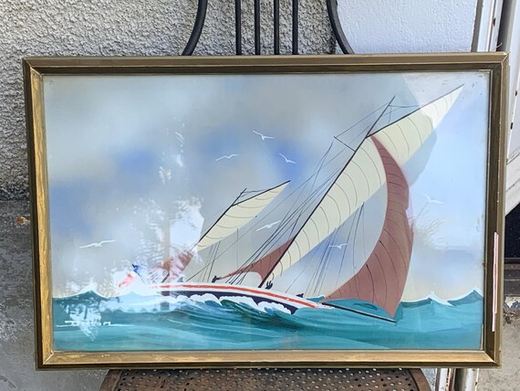 Marine painting painting, sailboat sign Dorvom, frame, vintage