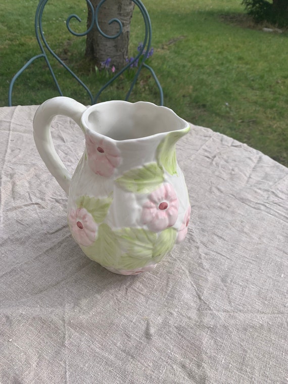 Pitcher, enamelled ceramic jug, barbotine vintage pink flowers
