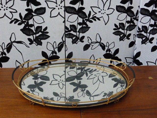 Plateau Miroir, Ovale en Metal Doré et Scoubidou Noir, Vintage 1950