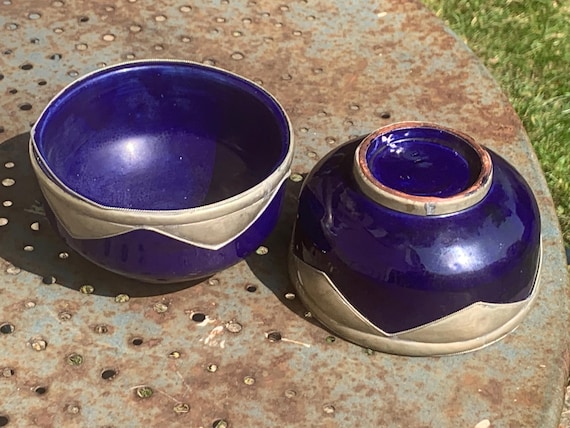 Two blue glazed ceramic and pewter bowls, handmade, vintage oriental