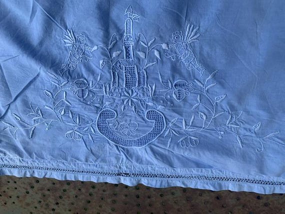 Magnificent large pillowcase or cushion cover, blue dyed cotton, border with days, embroidered with flowers, art deco