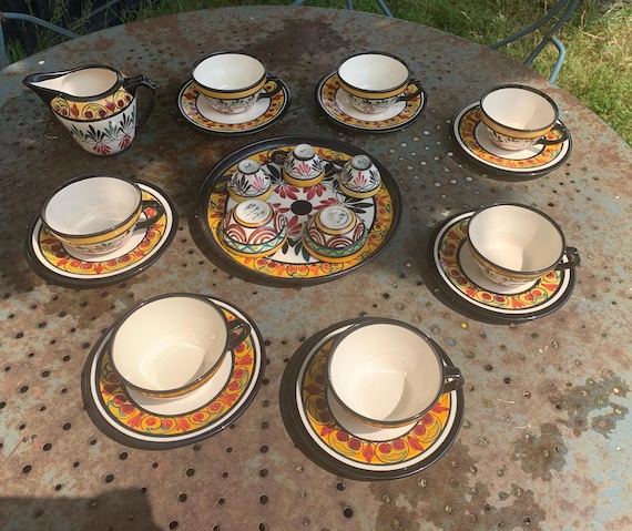Coffee or tea service, Saint Jean de Brittany, artisanal and hand painted, composed of 21 pieces, vintage and collector's item