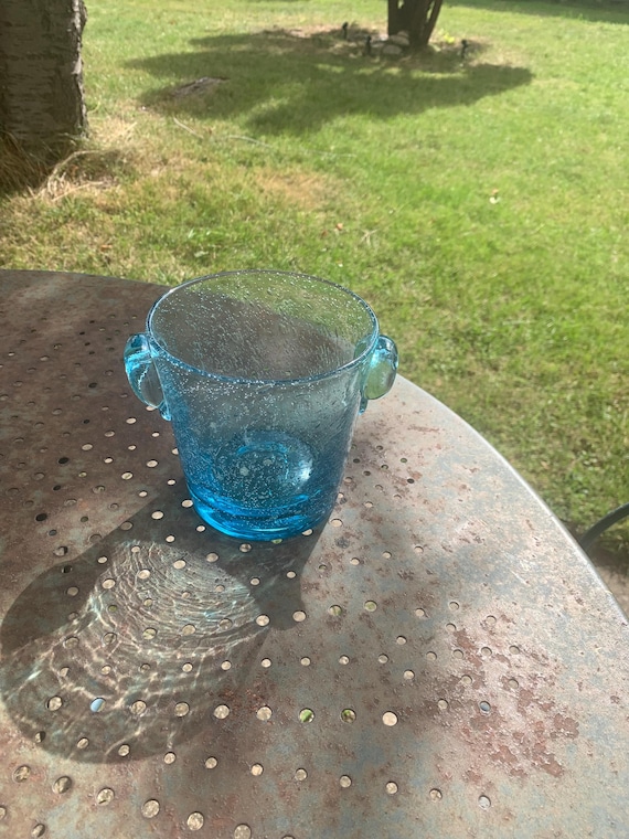Ice bucket, blown glass ice cubes in bleu color from BIOT glassware, made in France, vintage and signed, collector and vintage