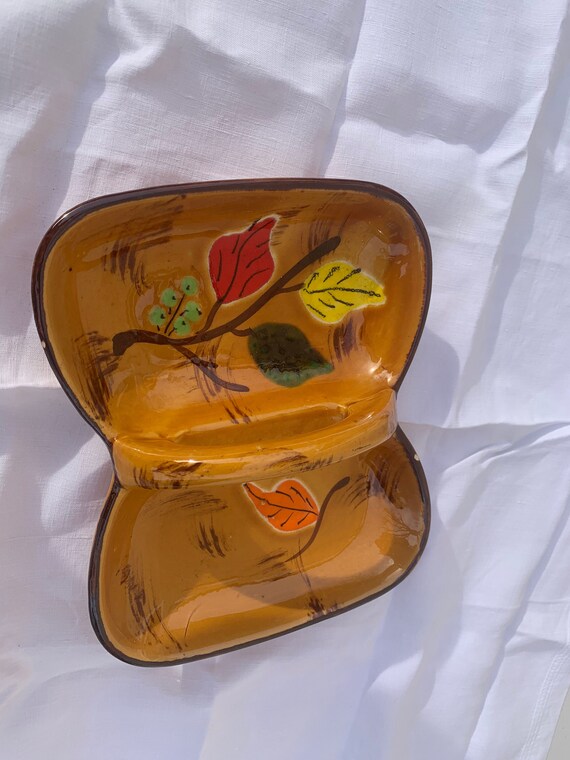 Two-compartment dish, servant, POET LAVAL DROME tray, ocher enamelled ceramic with a hand-painted floral motif signed, vintage