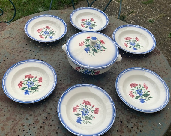 Lot consisting of a tureen and 6 soup plates, Elorn model, digoin and sarreguemines, France, patterns of red carnations and blue columbines